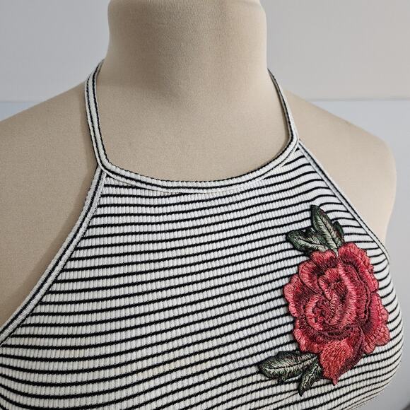 White Fawn Top Rose Embroidered Halter Crop Top Large Striped Summer Y2K Floral - Picture 8 of 12